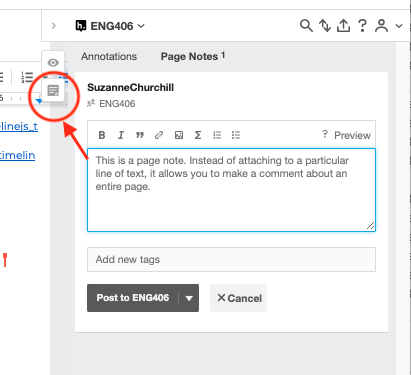 screen shot of Hypothesis window showing page note icon